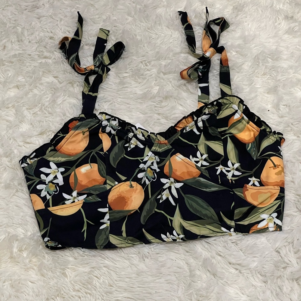NWT Cider Orange fruit and blossom crop top with tie straps